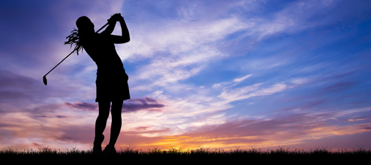 silhouette of woman golfer after swing with amazing sunset The Club at Inverness Englewood Colorado DTC